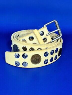Vintage White Studded Leather Belt Mixed European Coins Boho Y2K Grunge